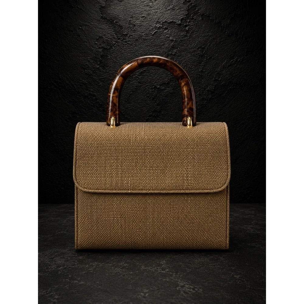 Structured Top Handle Purse Tortoise Acrylic Handle Neutral Woven Handbag‎